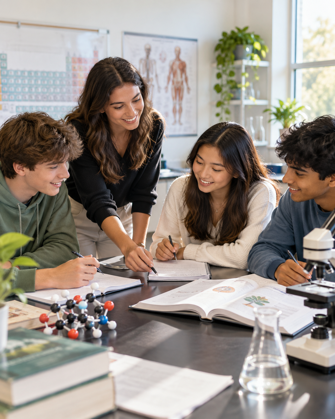 Tutor guiding a group of students through science exercises