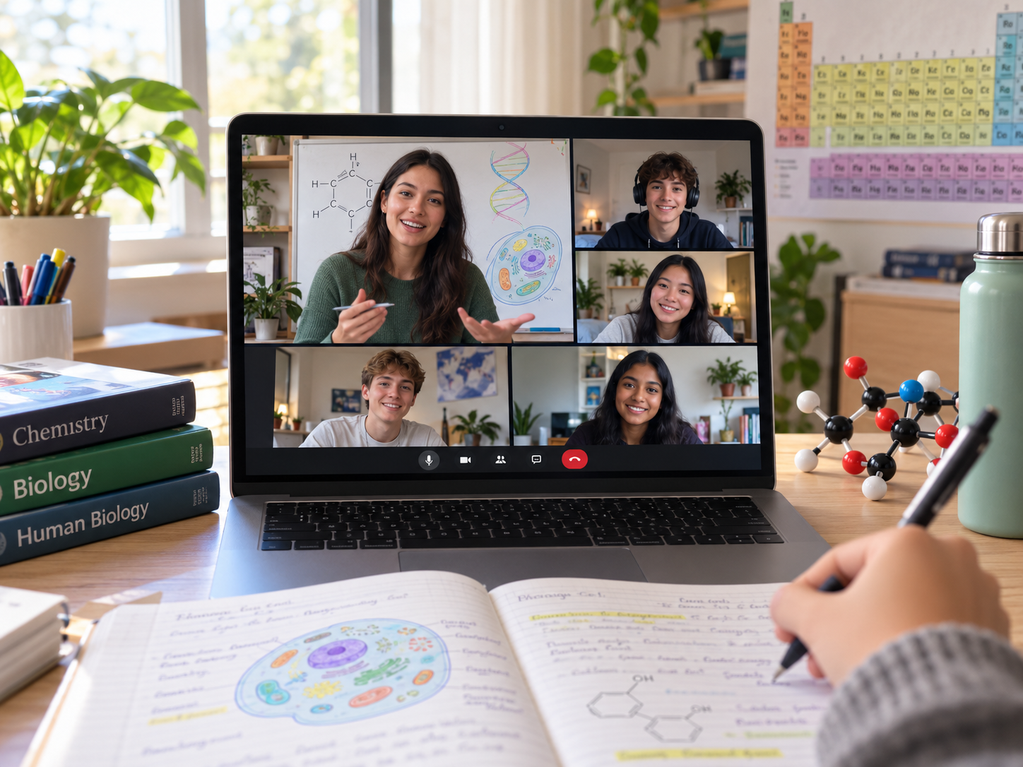 Virtual science class with a teacher and four students